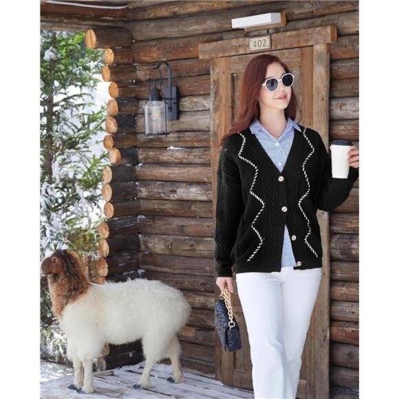 NEW Cable Knit Cardigan Women Chunky Sweater Cardigans Contrast Color - Picture 4 of 6